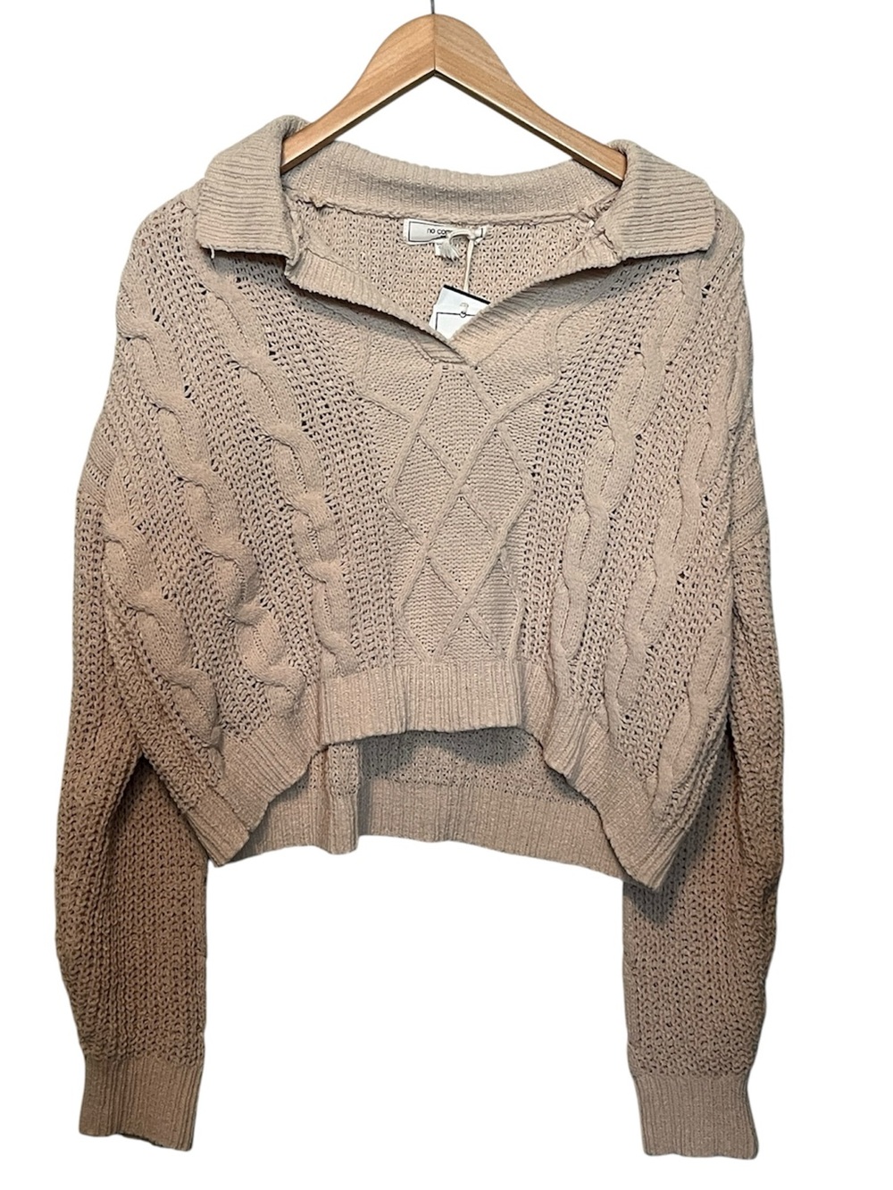 Cozy Cable Knit V-Neck Cropped Sweater - color is tan, size XL